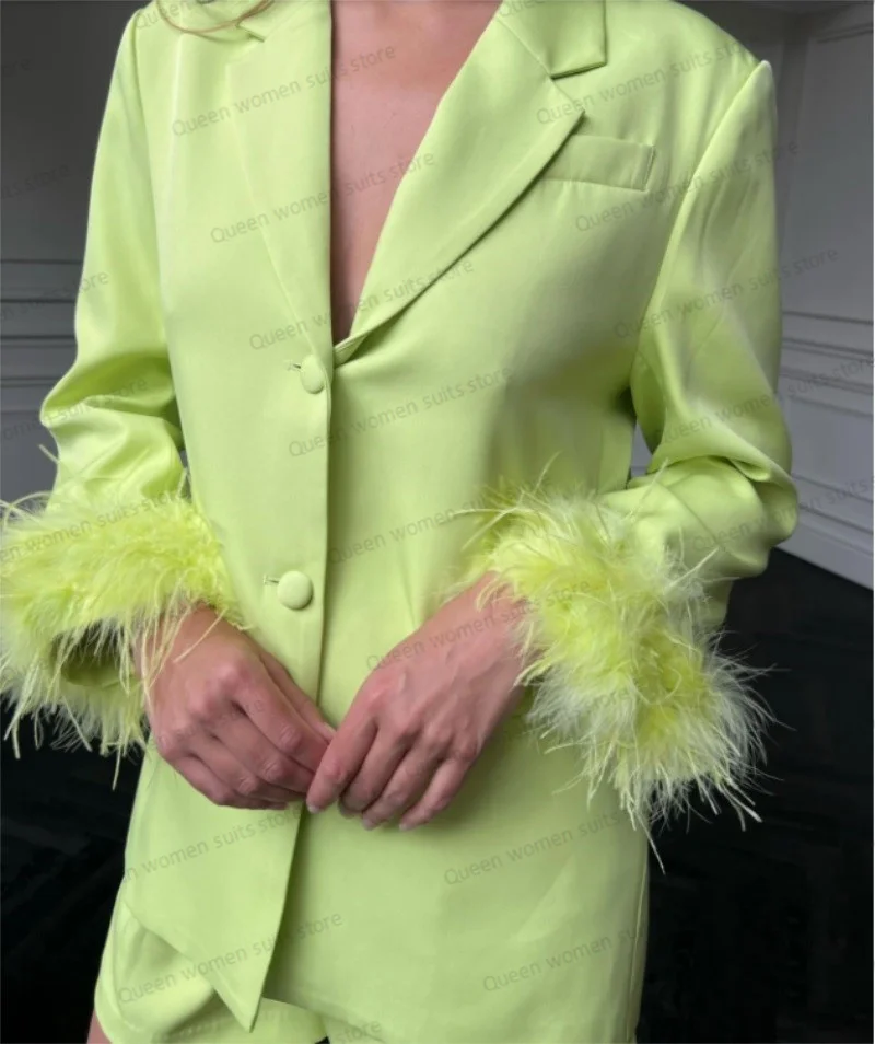 Ostrich Feather Women Suit Set Blazer+Short Pants Yellow Summer 2 Pieces Party Prom Dress Custom Made Sexy V Neck Jacket Coat