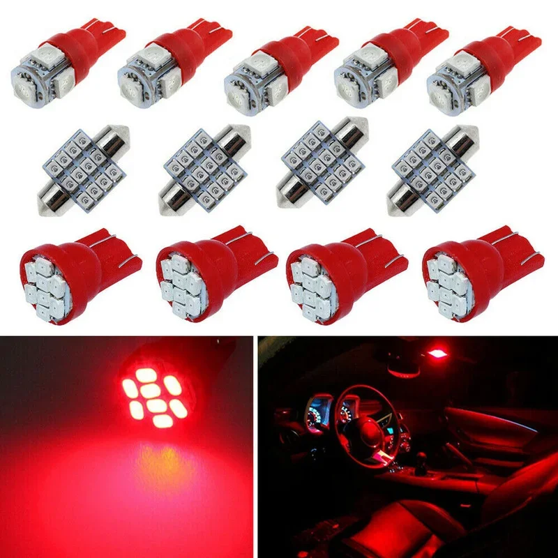 13pcs Red Car Interior LED Lights Lamp Auto Car Dome Map Door Glove Box Light License Plate Bulbs LED Lights for Auto