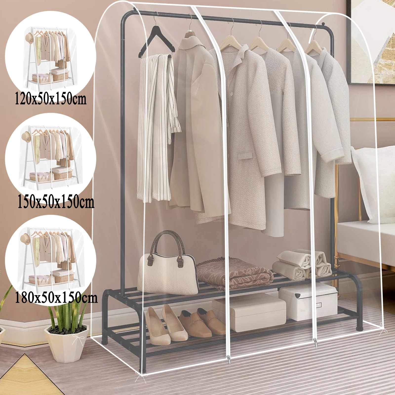 Clothing Dust Cover Garment Rack with Zipper Reusable Transparent Waterproof Dustproof PEVA Large Clothes Rail Cover Organizer