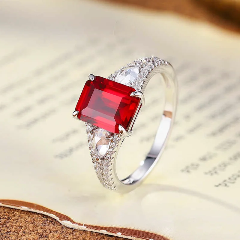Bred Color Gemstone Ring 2.8 Carat Pearl Blood Red Ruby with Emerald Cut Pure Silver Gold Plated Jewelry Accessory