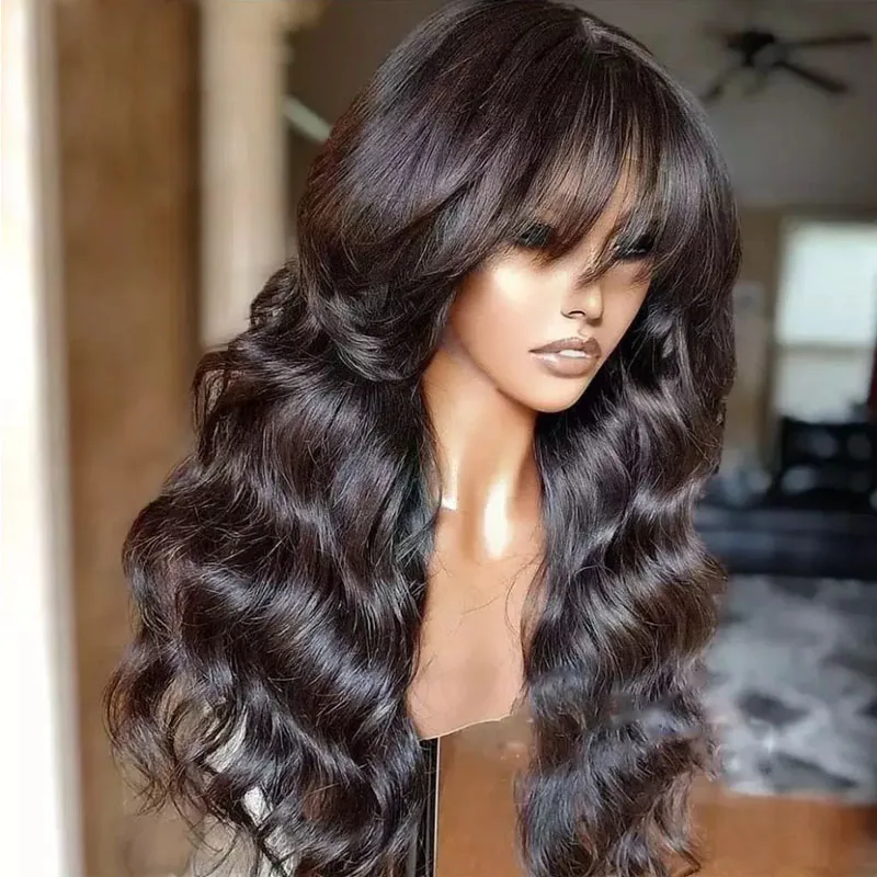 

Body Wave Glueless Human Hair Wig With Bangs for Black Women None Lace Wigs 150% Density Brazilian Virgin Hair Machine Made Wigs