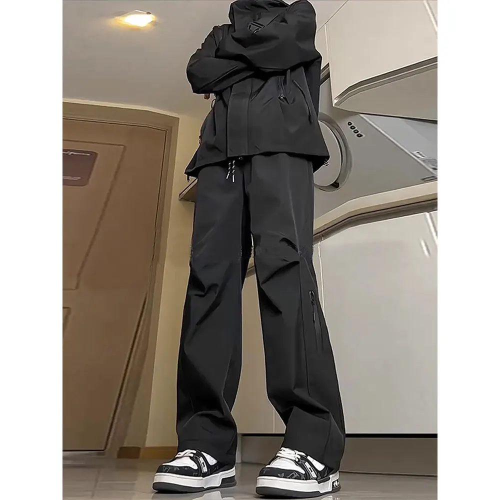 

Мужские модные брюки-карго с карманами, свободные новые однотонные рабочие брюки с прямыми штанинами, черные уличные спортивные брюки на шнурке