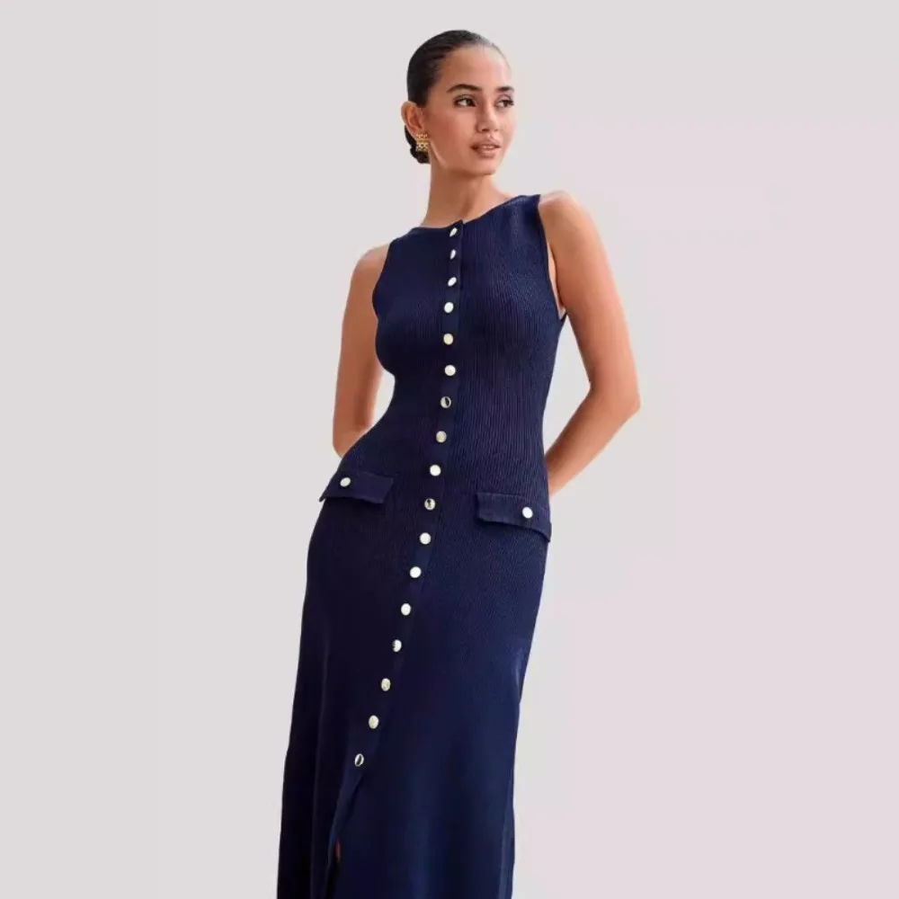 Elegant Slim Single Breasted Knitted Long Dress Women Fashion O Neck Sleeveless Fake Pockets Split Dresses Lady Commute Robes