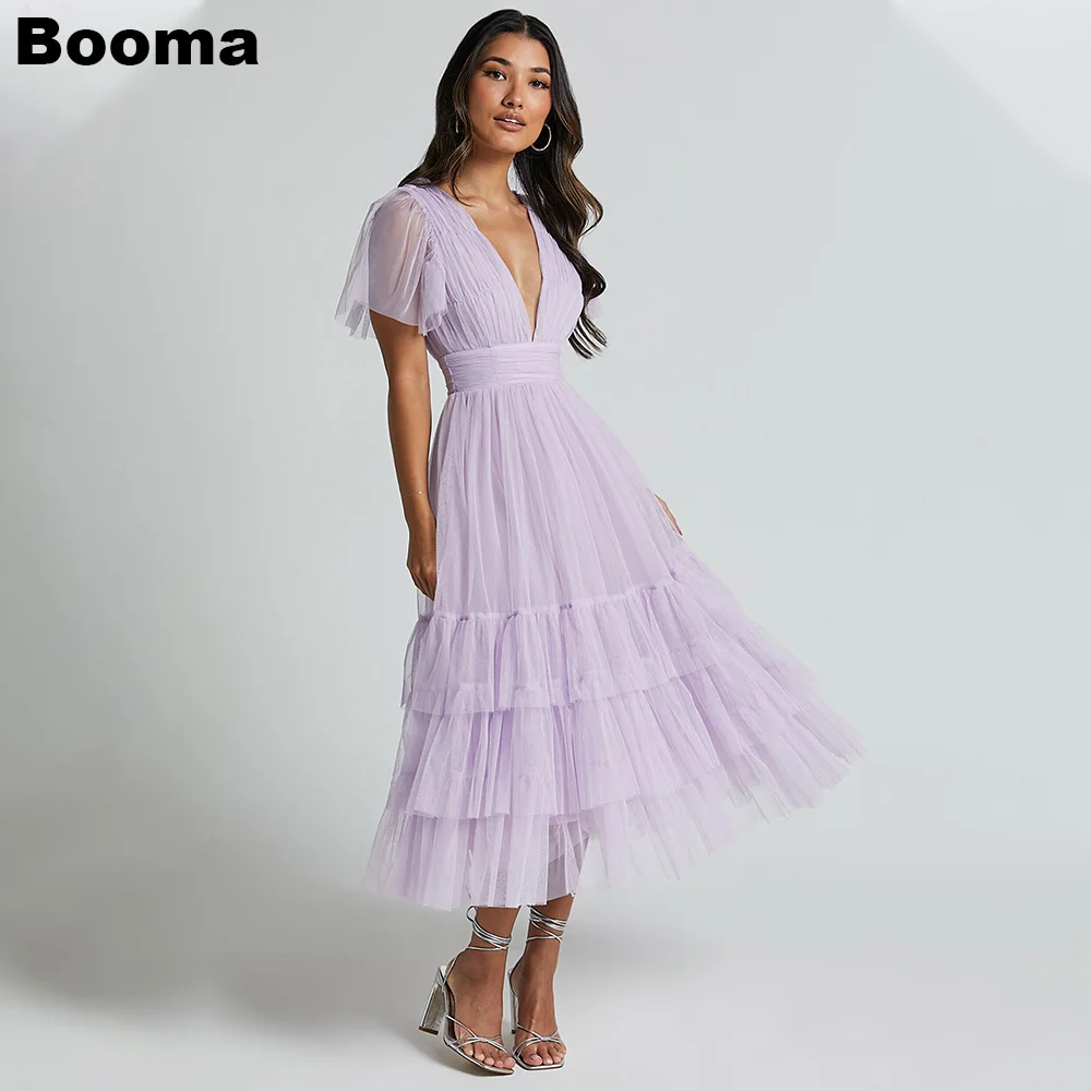 

Booma Lavender A-Line Midi Prom Dresses V Neck Short Sleeves Tiered Tulle Homecoming Party Gowns for Women Evening Dresses