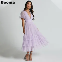 Booma Lavender A-Line Midi Prom Dresses V Neck Short Sleeves Tiered Tulle Homecoming Party Gowns for Women Evening Dresses