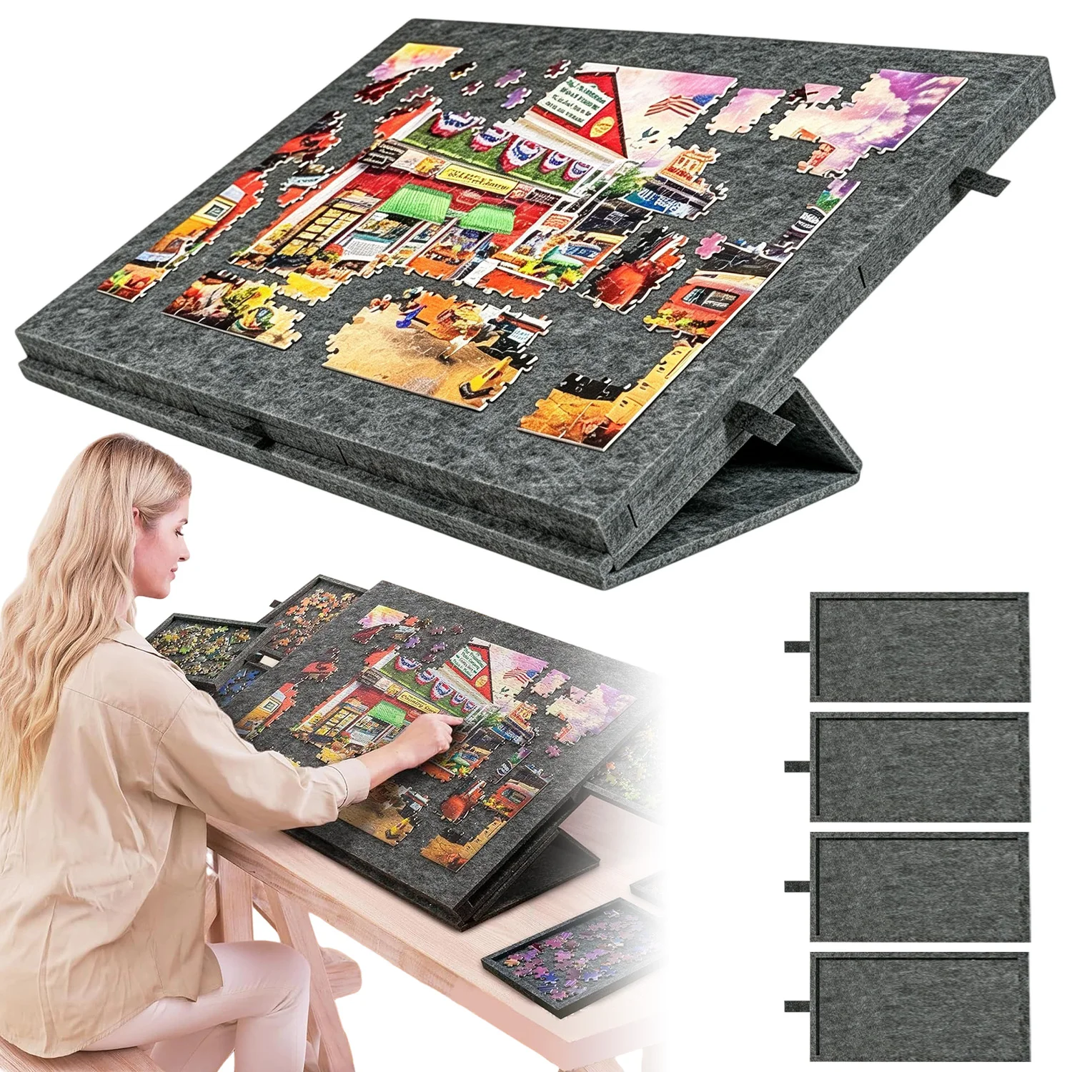 Tapis de puzzle en feutre haute densité avec 4 tiroirs, table de puzzle réglable pour 500 pièces de taille standard, surface en feutre antidérapante, grand espace de travail de 60x40 cm, 4 plateaux de tri, réglage ergonomique de l'angle, rangement dissimulé, cadeau idéal pour les amateurs de puzzles