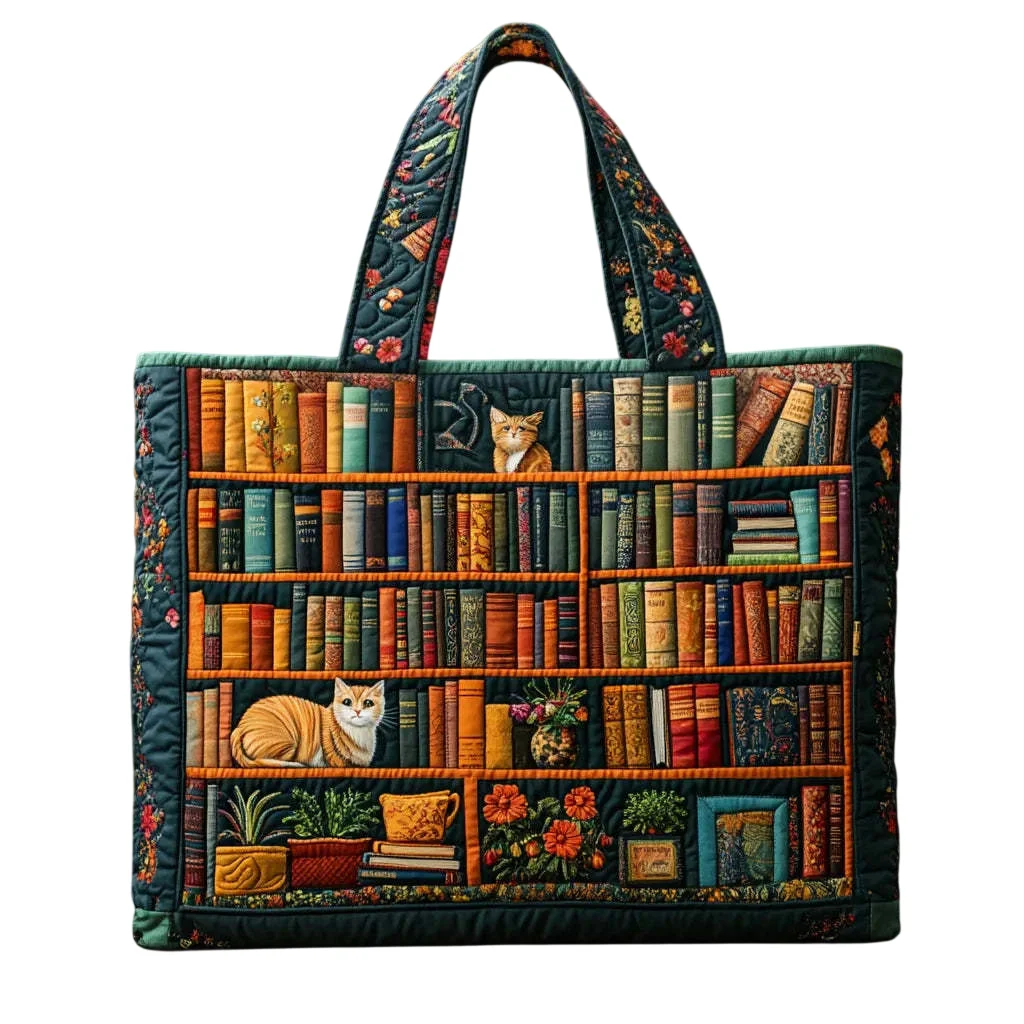 Vintage Bookshelf Cat Print Quilted Tote Bag Large Capacity Reusable Shopping Bag Casual Commute Fabric Carry Bag for Women