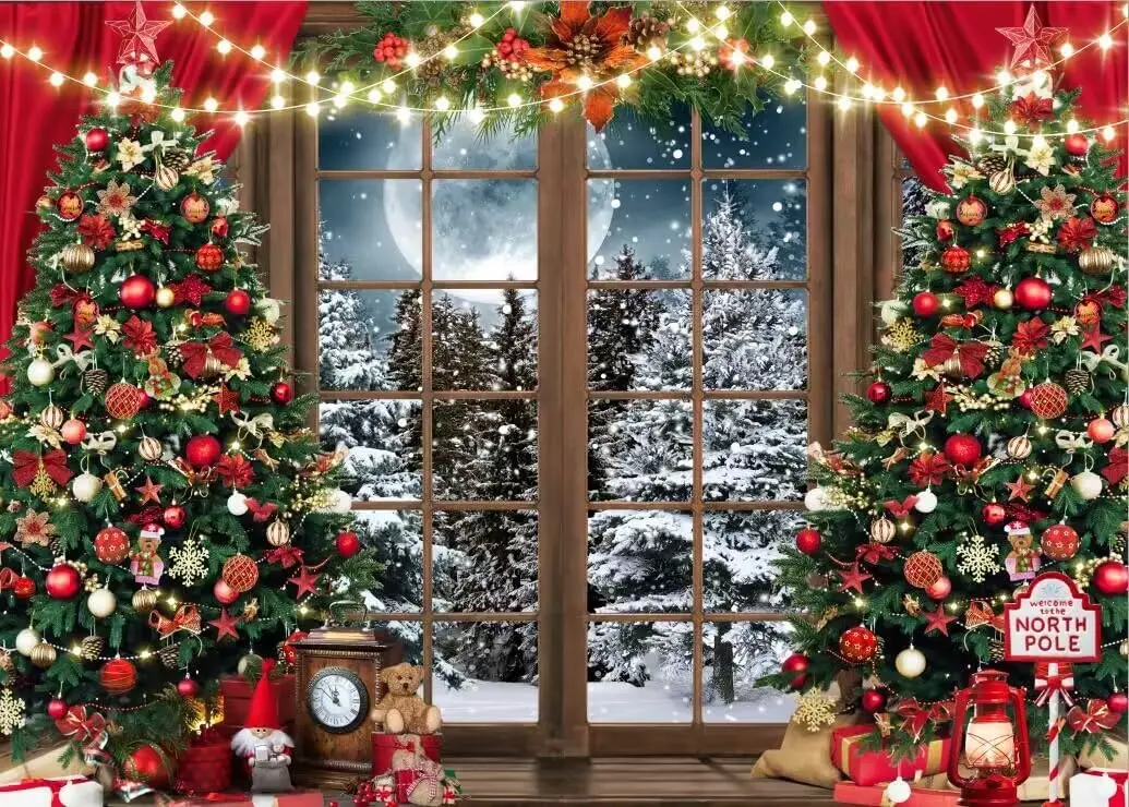 Christmas Window Background Red Curtain Winter Snow Xmas Tree Gift New Year party photo background photography backdrop studio