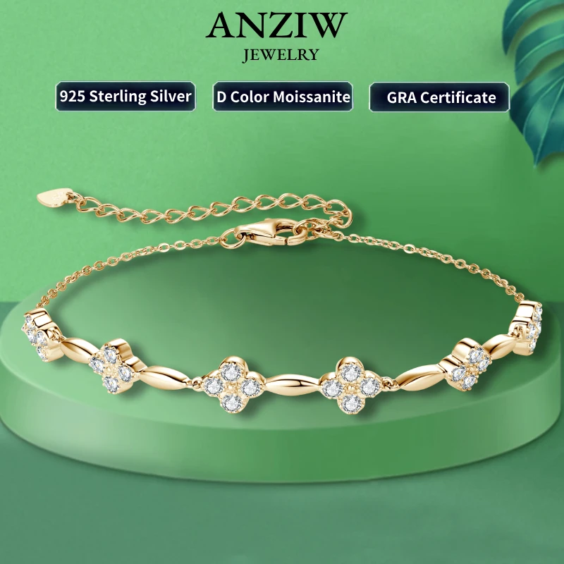 Anizw 2024 New Trendy 925 Silver 18k Gold Plated Flower Bracelet Moissanite 2mm D Color Chain Bracelet for Women Wedding Jewelry