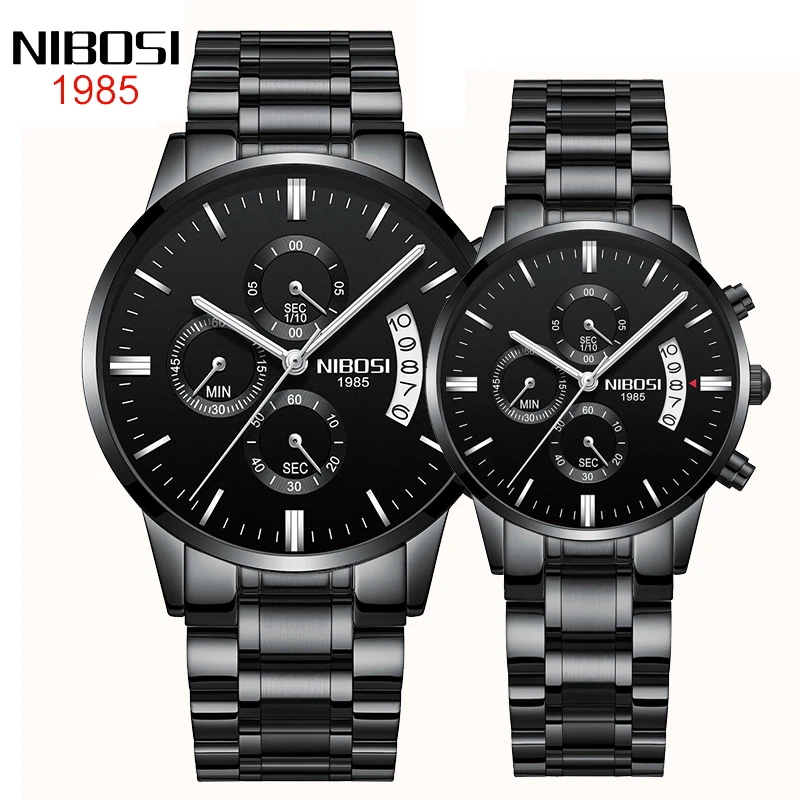 NIBOSI Couple Watch Stainless Steel Fashion Men Women Pair Quartz Watch Chronograph Clock Reloj Hombre Reloj Mujer Lovers Watch