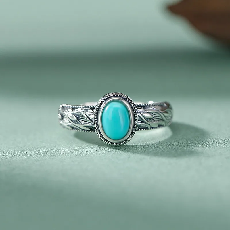 

TIMESWIND Classic Turquoise S925 Silver Leaf Oval Pattern Women Open Ring with Certificate