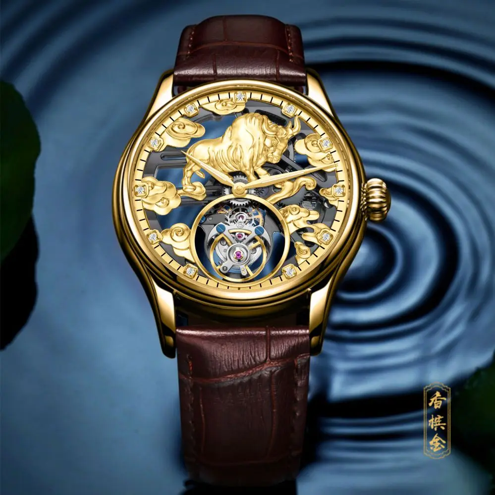 

Aesop Zodiac Gold Mens Tourbillon Mechanical Watches Top Brand Skeleton Hollow Luminous Hands Montre Homme Tourbillon Wristwatch