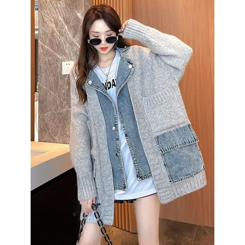 

2024 Autumn and Winter New Arrivals Denim Stitched Sweater Coat Women's Loose Thickened Knitted Cardigan Top Women N144