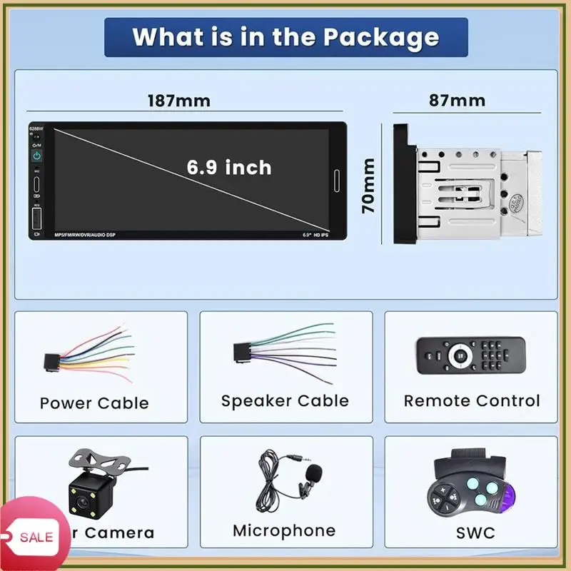 

6.9 Inch Wireless Carplay Car Stereo Single Din Touchscreen Car Radio, Android Auto Bluetooth Mirror Link FM Mic SWC Easy To Use