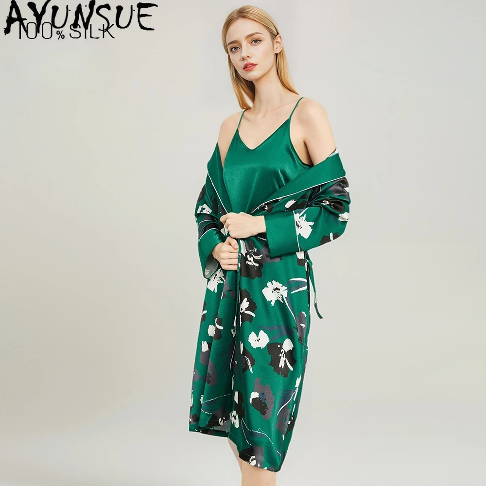 AYUNSUE 100% Real Mulberry Silk Robe & Gown Sets Women Spring Summer Pajama 19Mm Silk Sexy Sleepwear Women's Home Clothes 파자마