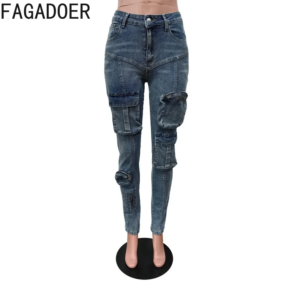 Imagem -05 - Fagadoer-calça Jeans Casual Retro Azul Cargo para Mulher Cintura Alta Botão Jean Magro Calça Feminina Calças de Elástico Moda