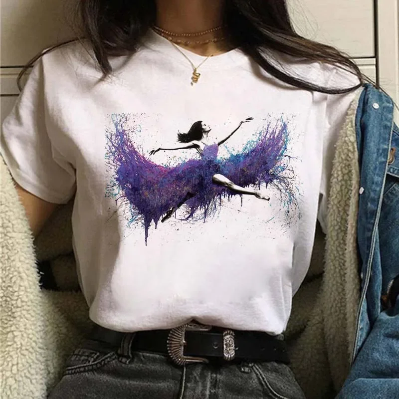 Maycaur New Watercolor Ballet Dancer Print Women Tshirt Casual Dancing Ballet O-Neck Summer Harajuku Vintage Tops Camisas Mujer