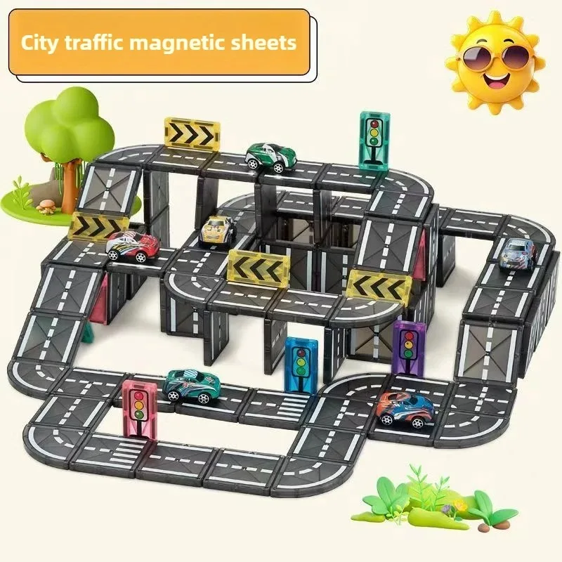 168 STKS Creatieve Stad Magneet Spoor Auto Road Cube Magnetische Bouwstenen Kinderen DIY Puzzel Speelgoed Cadeau Voor Kinderen