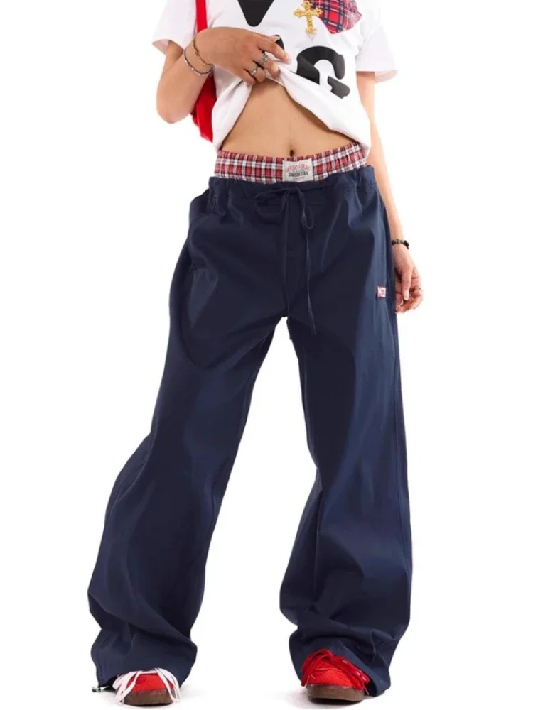 HOUZHOU Y2k Women Cargo Pants Vintage Harajuku Baggy Streetwear Wide Leg Patchwork Estetyczne spodnie Joggers American Retro