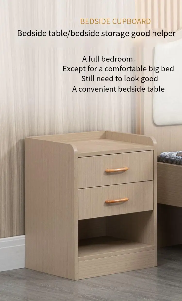 Stolik nocny vintage z drewna do sypialni, szafka nocna z 2 szufladami i otwartą półką do przechowywania.