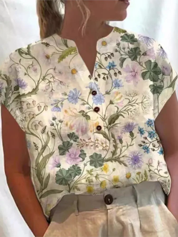 

Vintage Flower Print Sleeveless Shirts Women V-neck Buttons Loose Fashion Casual Shirt Tops Commuting Clothing Female Summer New