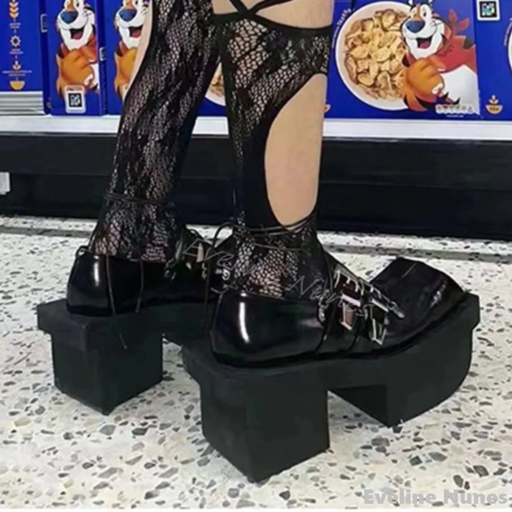 Platform Belt Buckle Mary Janes Shoes Women Square Toe Cross Tied Shallow Black Pumps Retro Punk Metal Decoration Lolita Boots