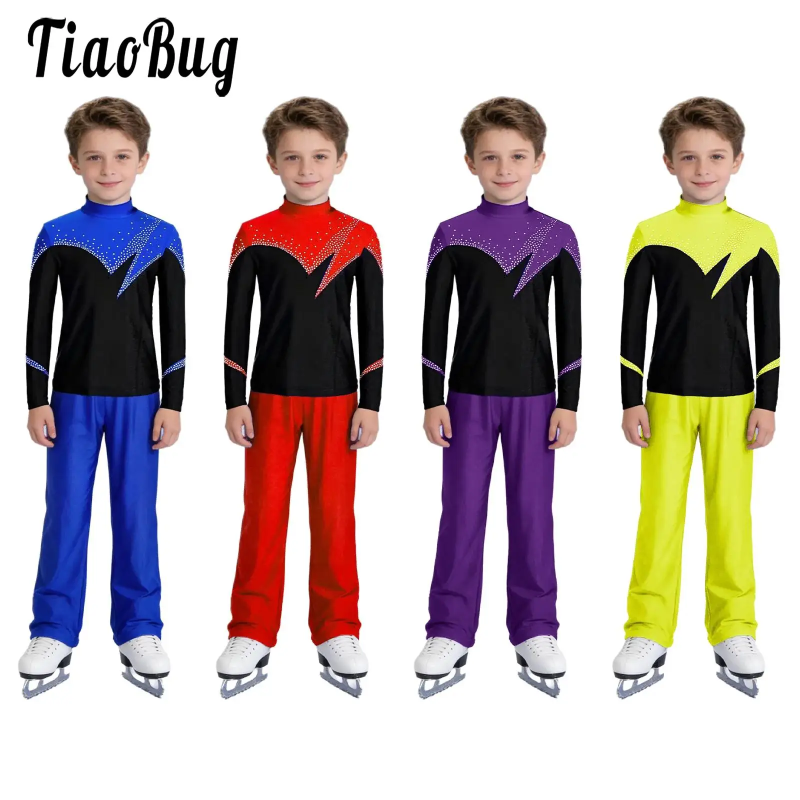 

Kids Figure Skating Performance Costume Lyrical Modern Dance Outfits Long Sleeve Shiny Rhinestones Top and Pants Sets for Boys