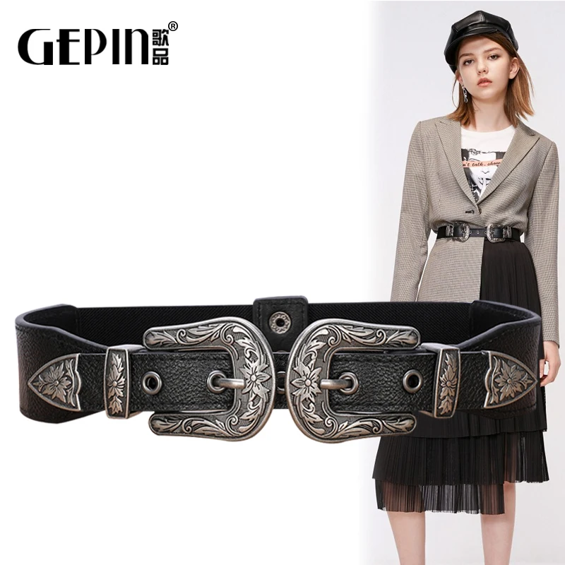 

X6057 Lady Waist Belt Lady Double-buckle Black Belt Women's Elastic Decorative Dress Girdle Female Waistbelt Waistband Outside