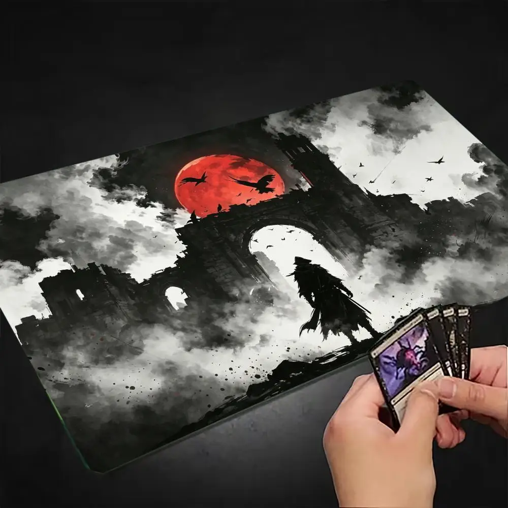 Dark Ink Wash Red Moon Silhouette Extended Playmat Stitched Edge Non-Slip Rubber Large Card Game Desk Mat