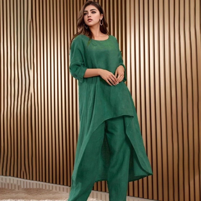 Women Pants Set Two Piece Set Y2k Long Tops Suits Full Sleeve Round Neck Top Irregular Loose Casual Solid Wide Leg Pant