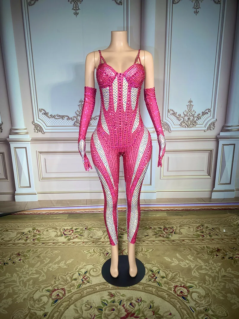 Women Sexy Black White Rhinestones Outfit Jumpsuit With Gloves Transparent Birthday Dance Stage Evening Celebrate Club Bodysuit image 3