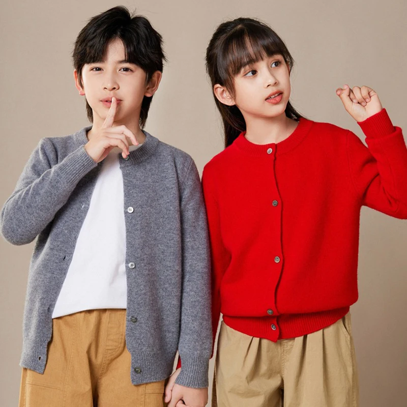 

Boys Sweater winter solid cardigan knitted sweater Kids thicken Warm sweater Girls O- neck Coat sweater Teenager Clothing Tops