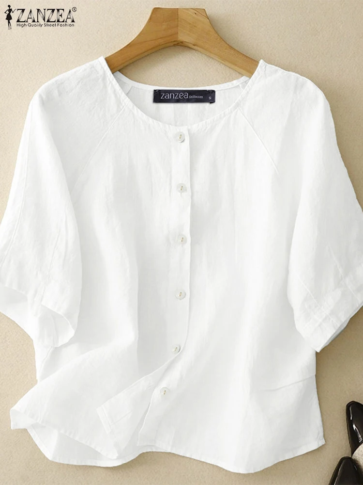 2025 Women Summer Shirts ZANZEA Elegant O Neck Short Sleeve Solid Work Blouse Casual Loose Cotton Tops Button Up Blusas Oversize