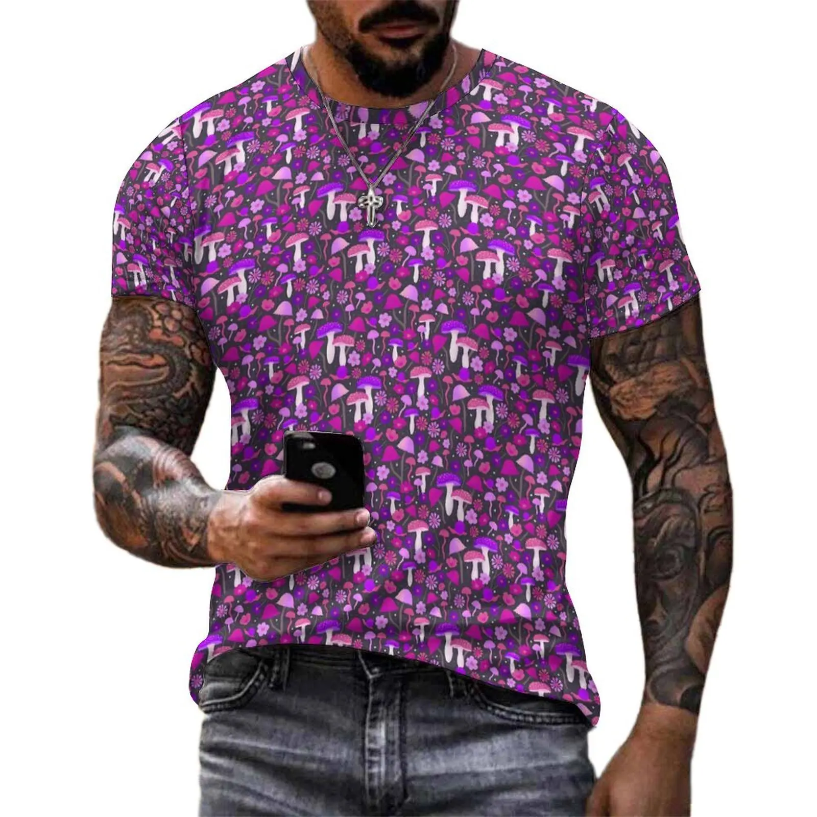 Summer T Shirt Purple Magic Mushroom T Shirts Cute Trippy Floral Y2K Fashion Tees For Men Short-Sleeve Graphic Plus Size Clothes