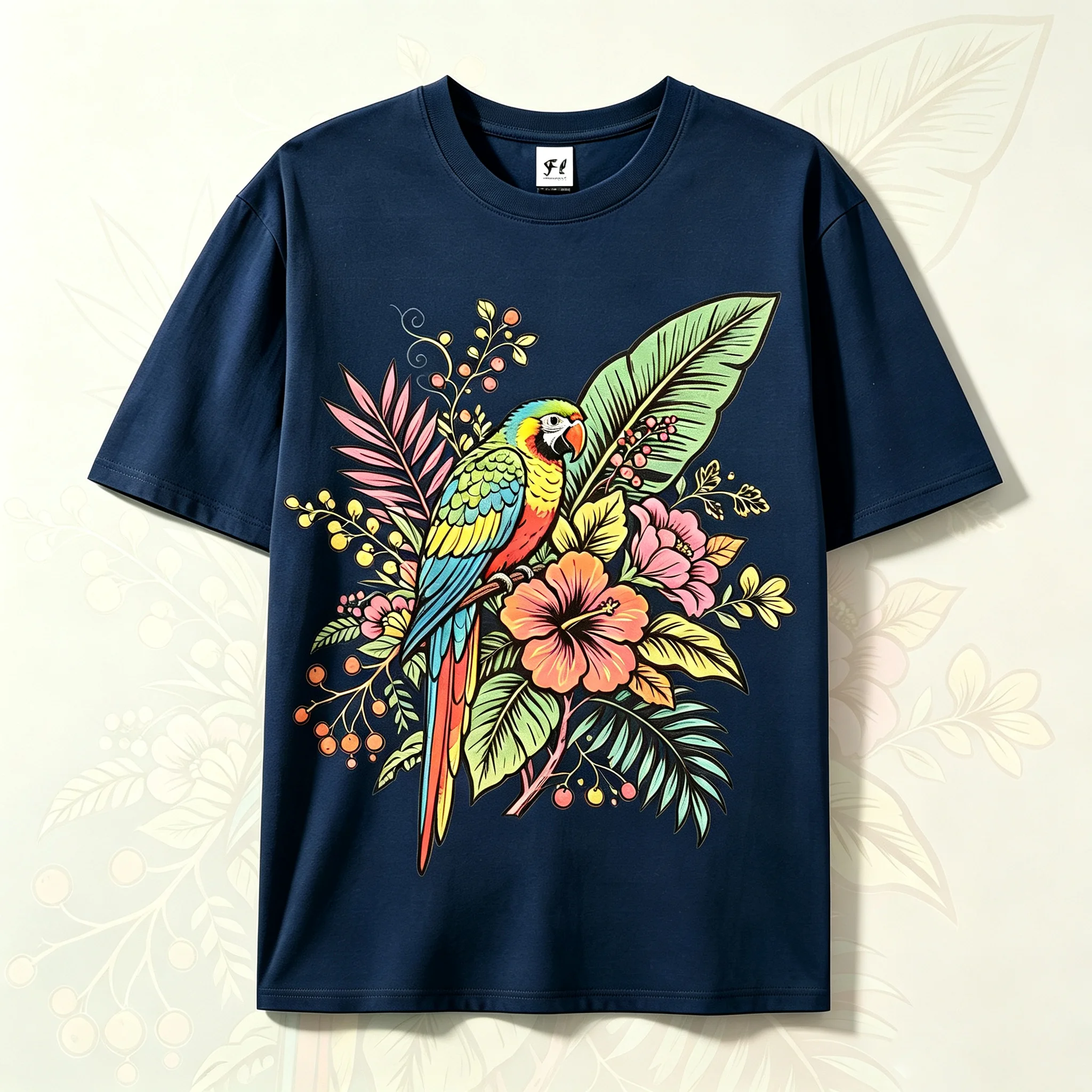 Tropical Parrot Floral Plant Print Crew Neck T‑Shirt Retro Hawaiian Style Bird Flower Pattern Casual Top