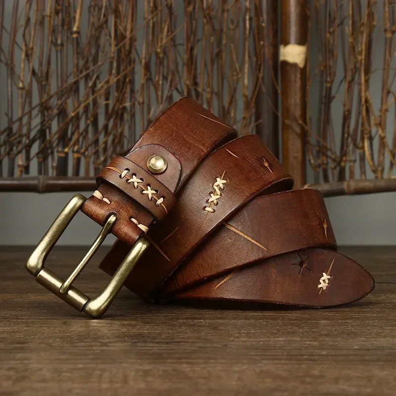 3.8CM Men High Quality Genuine Leather Belt Luxury Designer Brass Pin Buckle Belts Pure Cowskin Vintage Strap Male Jeans for Man