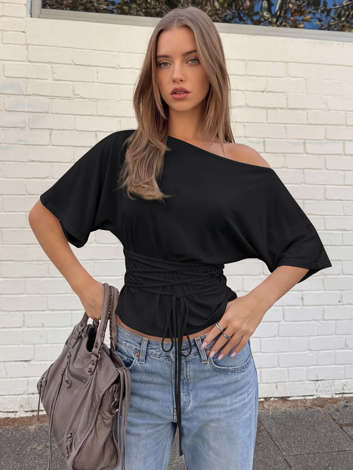 Dulzura Women'S Solid Skew Collar Half Sleeve Lace Up Slim T-Shirt Casual Versatile Y2K Top Vacation Beach Street Style Clothes