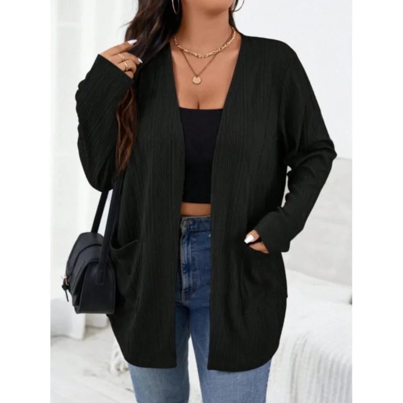 حجم كبير 1XL-5XL المرأة بلون جيب عادية كم طويل سترة مشغولة من الصوف المرأة قاع قميص مفتوح #1