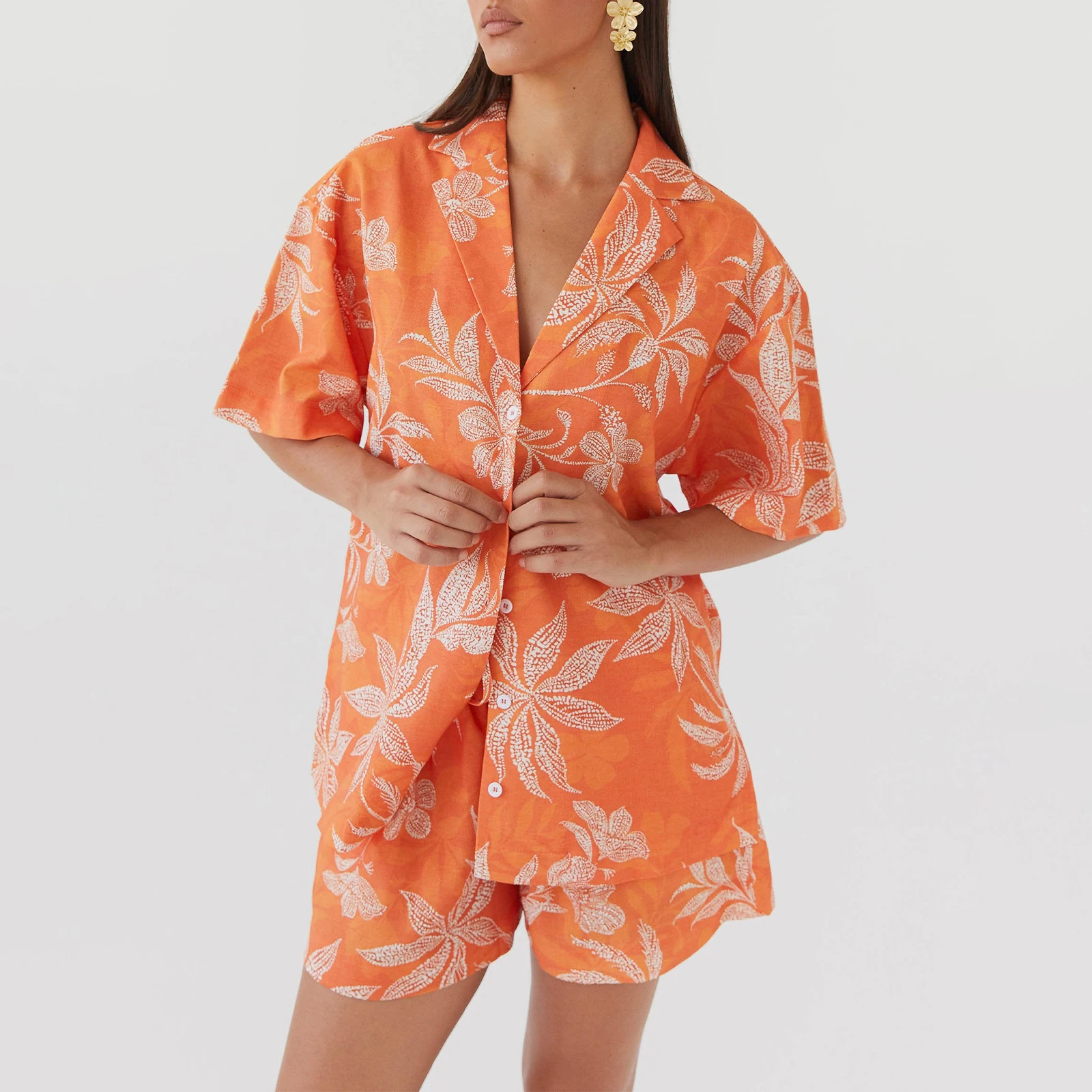 Women’s Casual 2 Piece Summer Outfits Short Sleeve Leaf Print Shirt + Drawstring Shorts Set Vacation Clothes Pajama Sets