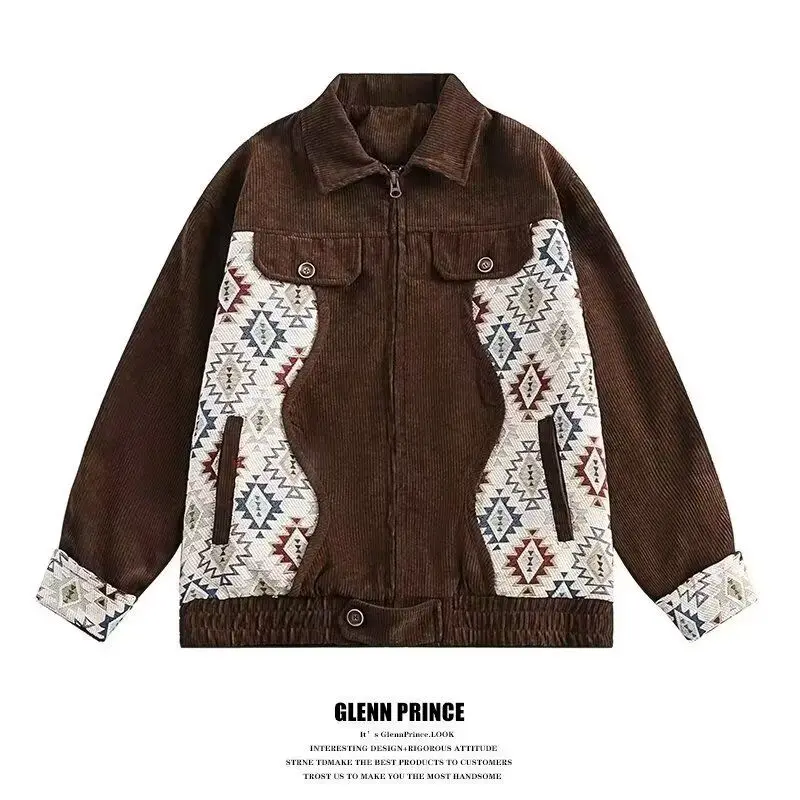 

Retro American Couple Ethnic Style Jacket Unisex with Patchwork Turn-down Collar Corduroy Long Sleeve Jacket Loose Casual Top