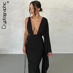 Moda crittografica drappeggiata profonda V Sexy Maxi abiti senza schienale Party Club donna elegante abito monospalla Slip abiti increspati