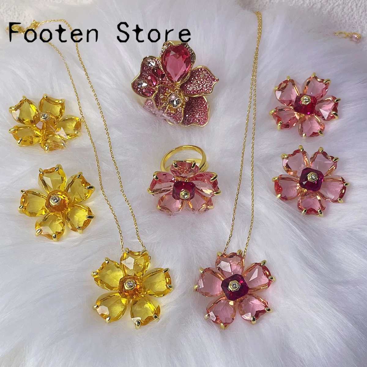 

2025 New Trend Luxury Fine Set Charm Yellow Pink Flower Crystal Fashion Original Necklaces Earrings Ring Romantic Gift For Women