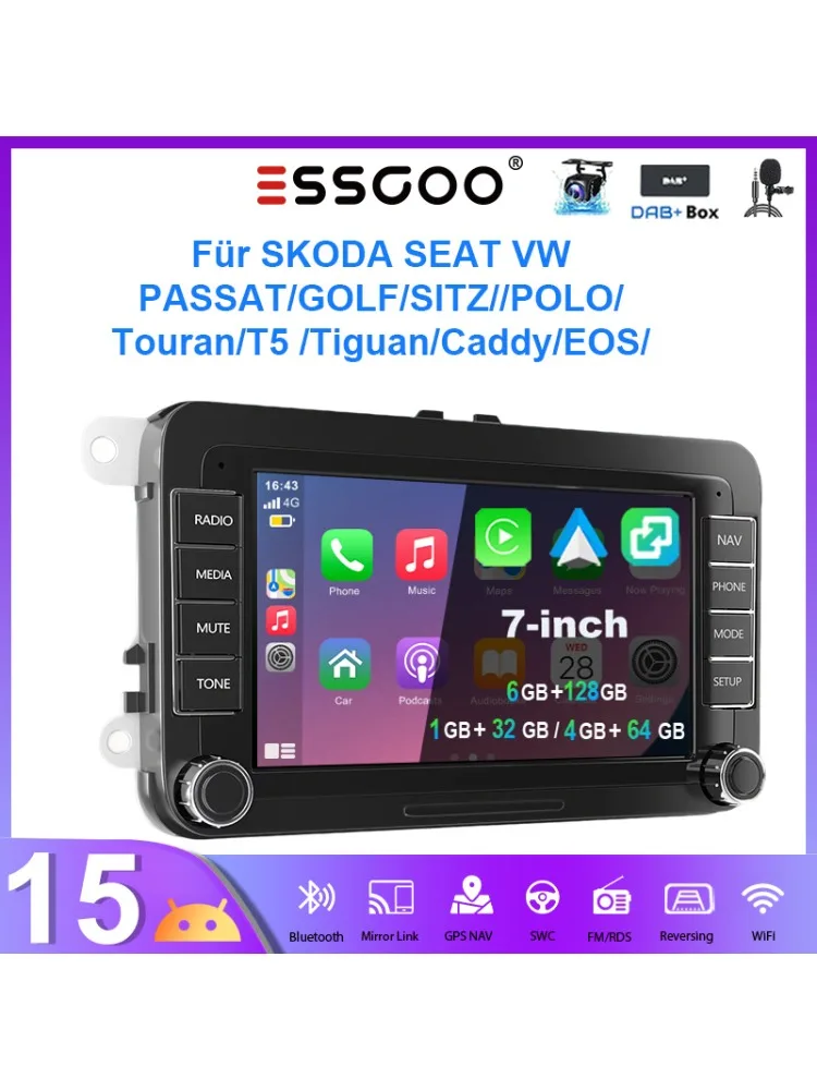 ESSGOO Autoradio Android15 7" 4+64 GB / 6+128 GB für VW Golf 5 6 Passat Polo 6R Touran Tiguan Caddy EOS Jetta Seat Skoda Wireless CarPlay Android Auto GPS Navigation RDS FM Bluetooth Mirror Link