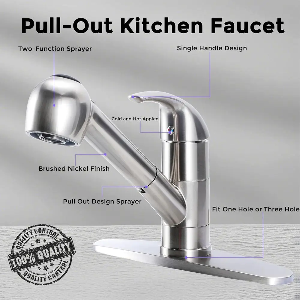 Grifo de cocina extraíble de una sola manija de níquel cepillado con rociador para fregadero pequeño de acero inoxidable