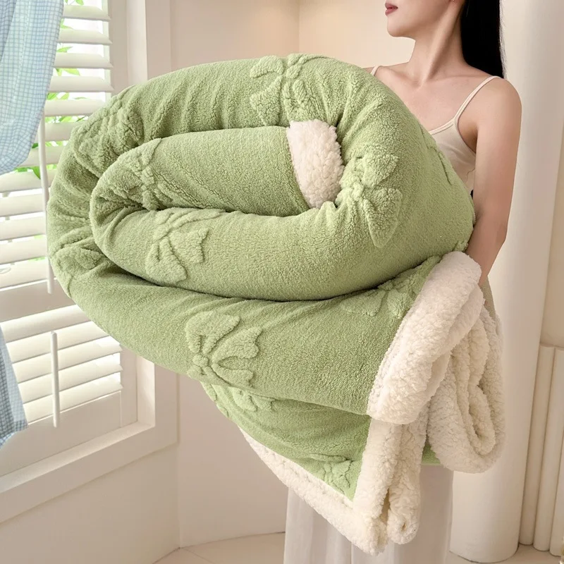 Bow Jacquard Cashmere Blanket Double-Sided Multifunctional Solid Color Plush Blankets Comfortable Soft Nap Shawl for Office Nap