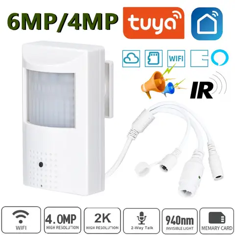 Tuya 6mp Mini wifi Camera IP 4MP PIR Style Indoor Onvif Built-in Audio TF Card Slot IPC Vision 48pcs 940nm IR LED Smart Security