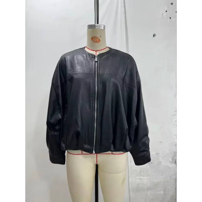 Women New Black Faux Leather New Jacket Crew Neck Zip Front Stitched Seam Pocket Elastic Ruched Hem Cropped Streetwear Moto Coat