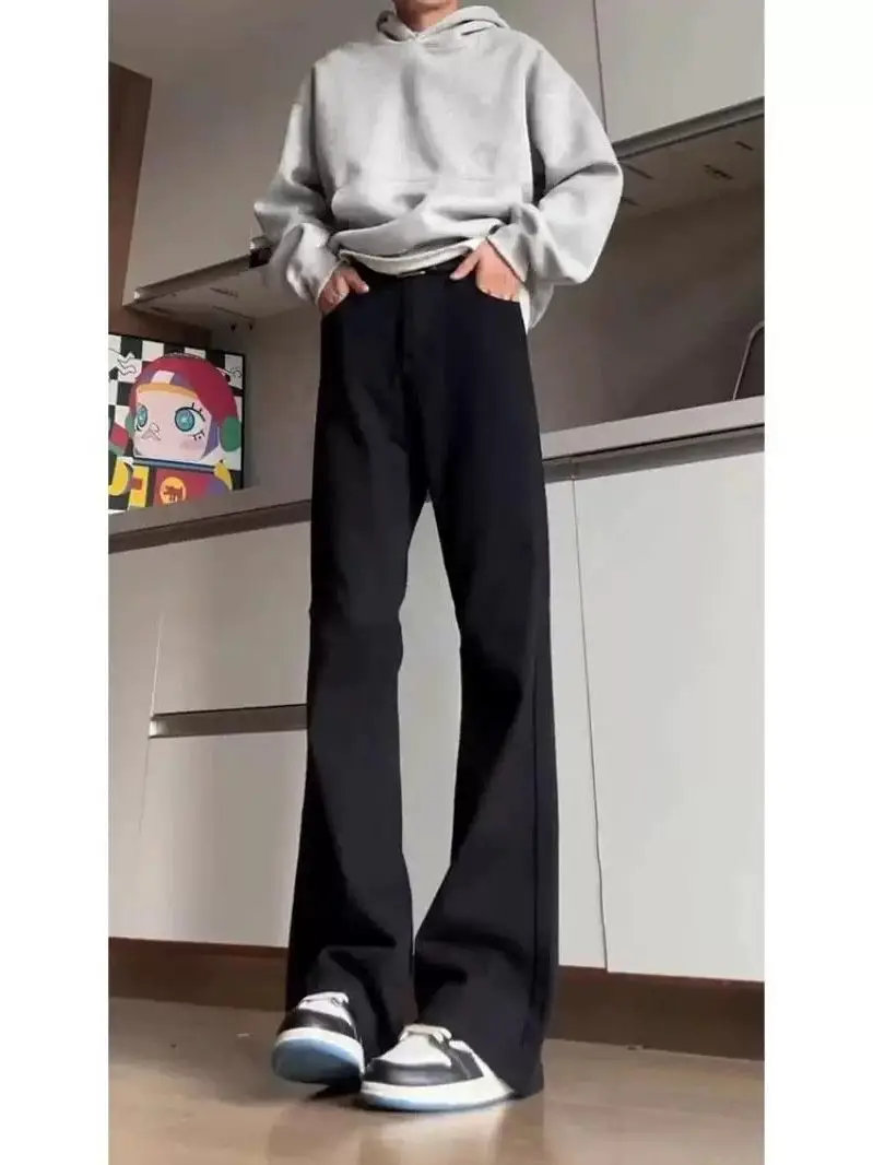 Black Slim Fit Bell Bottom Pants Anti-Wrinkle Men's Fashion Lightweight Drapey High Waist Straight Leg Trousers for Youth