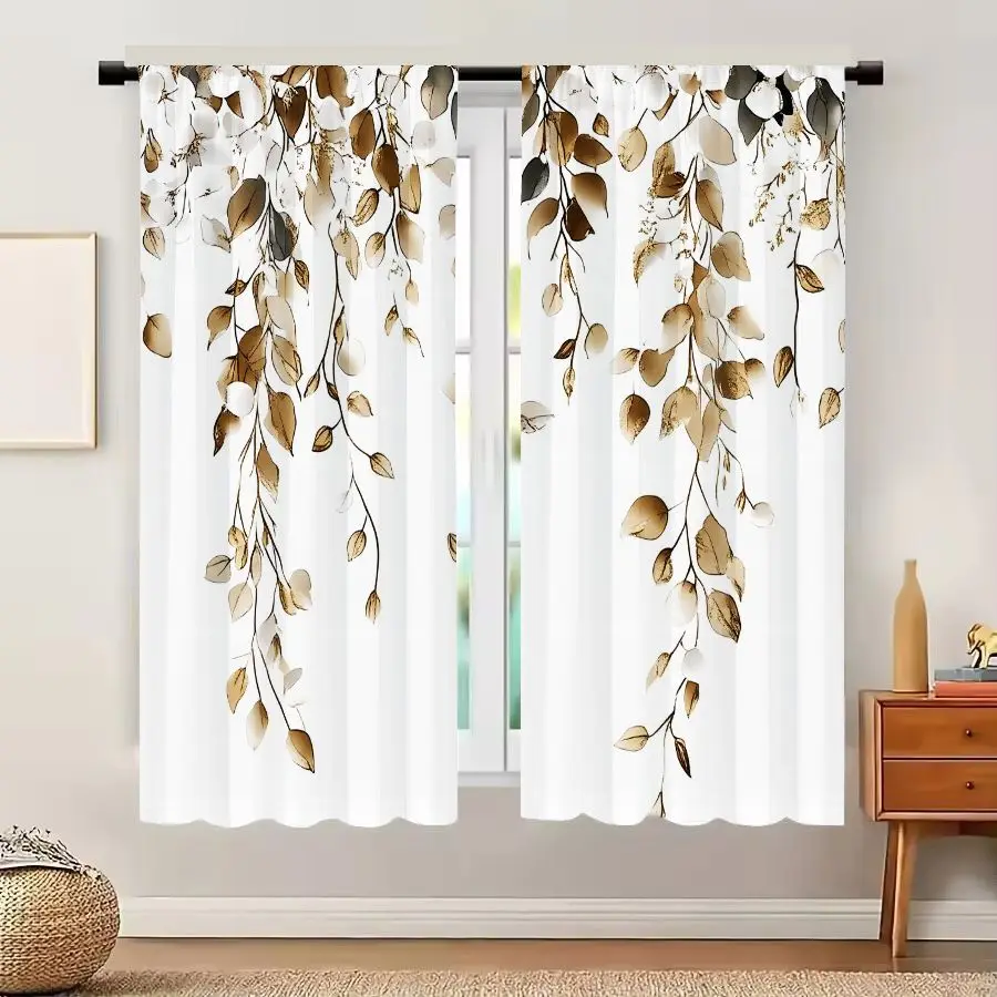 2PC Botanical Leaf Curtains – Brown, Gold & Beige Falling Leaves on White, Semi-Sheer, Rod Pocket for Living Room & Bedroom