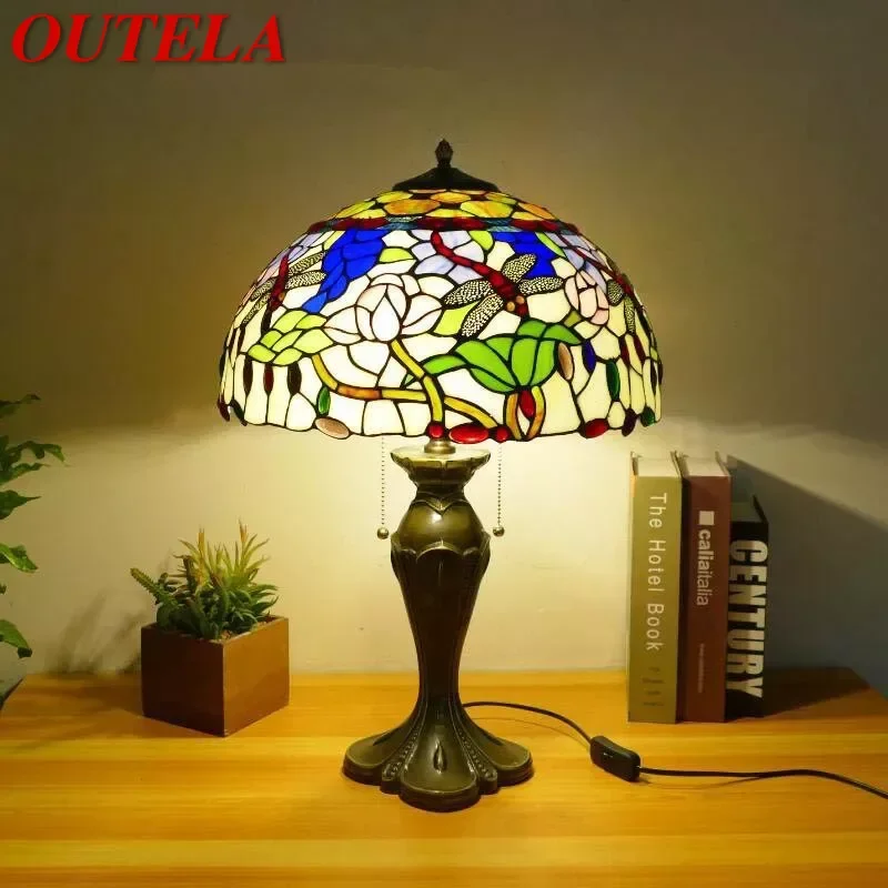 

OUTELA Tiffany Table Lamp American Retro Living Room Bedroom Lamp Luxurious Villa Hotel Stained Glass Desk Lamp